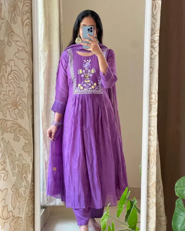 Purple Cotton Anarkali Suit Set with Dupatta
