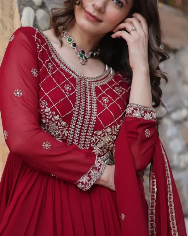 Red Party Wear Embroidered Gown Dupatta Set