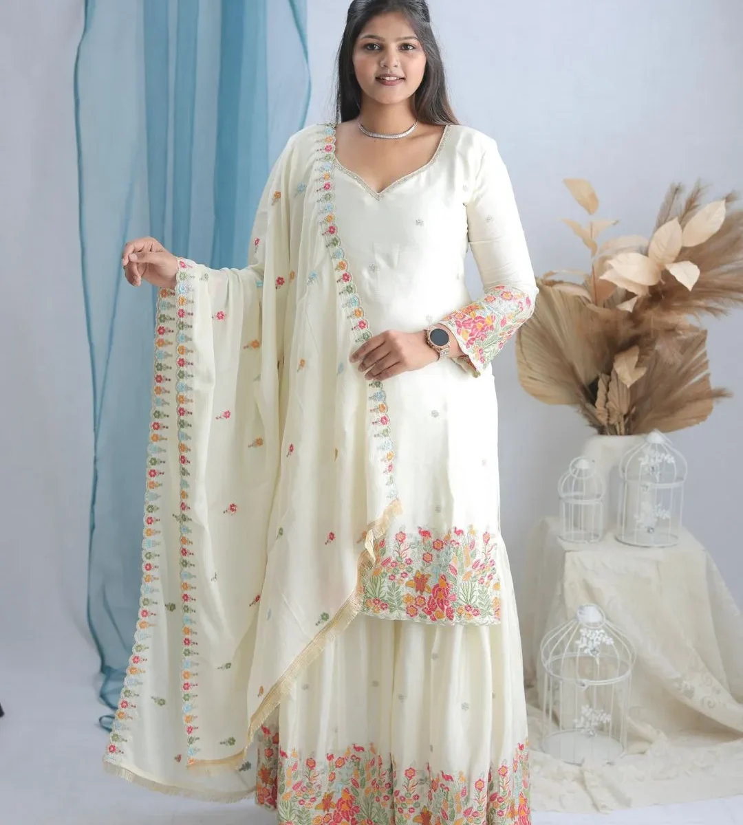 Party Wear Off White Sharara Suit Set