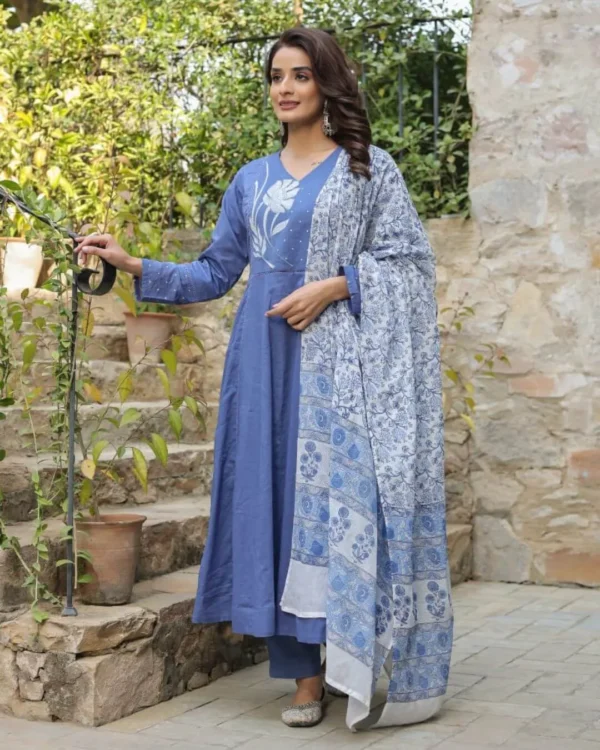 Blue A-Line Cotton Suit Set with Embroidery