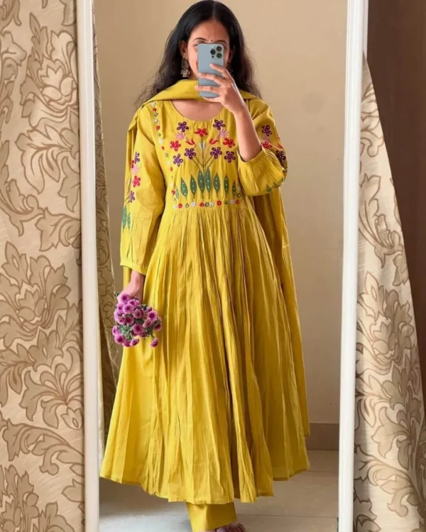 Mustard Yellow Floral Anarkali Suit Set