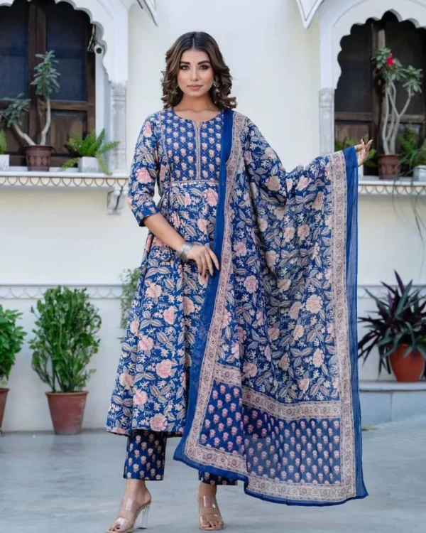 Blue Floral Printed Anarkali Suit Set
