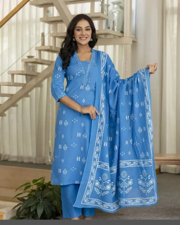 Sky Blue Cotton Kurta Set with Dupatta