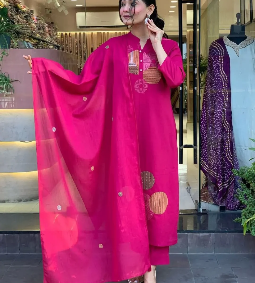 Mal Cotton Kurti Pant Dupatta Set - Pink