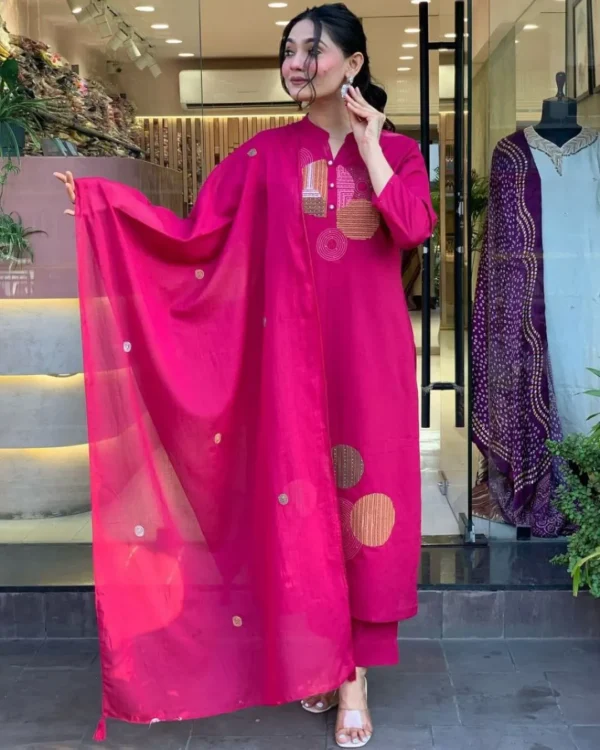 Mal Cotton Kurti Pant Dupatta Set - Pink