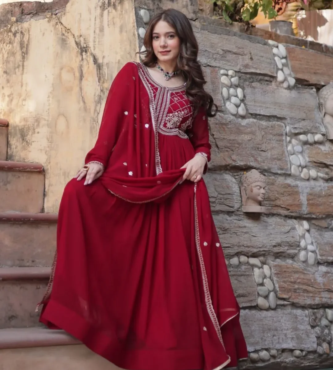 Red Party Wear Embroidered Gown Dupatta Set