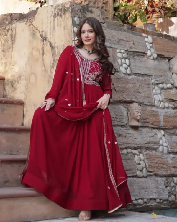 Red Party Wear Embroidered Gown Dupatta Set