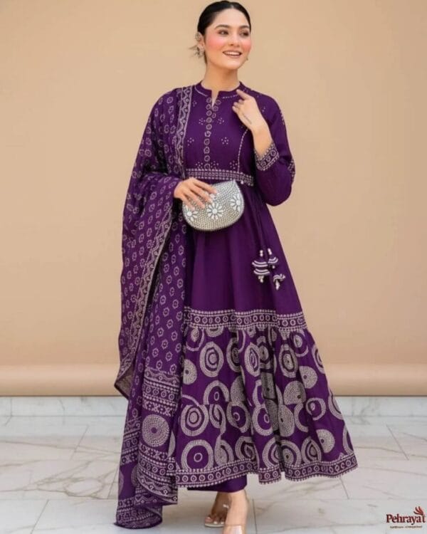Purple Cotton Anarkali Suit Set with Dupatta