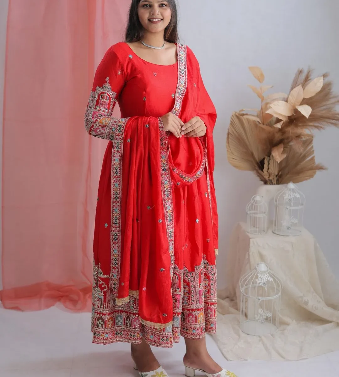 Full Sleeve Red Anarkali Suit Set