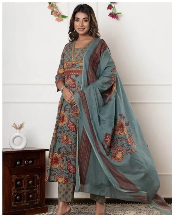 Floral Anarkali Cotton Suit Set with Dupatta