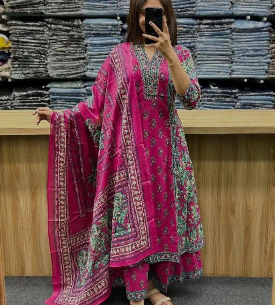 Floral Printed Cotton Anarkali Suit with Dupatta