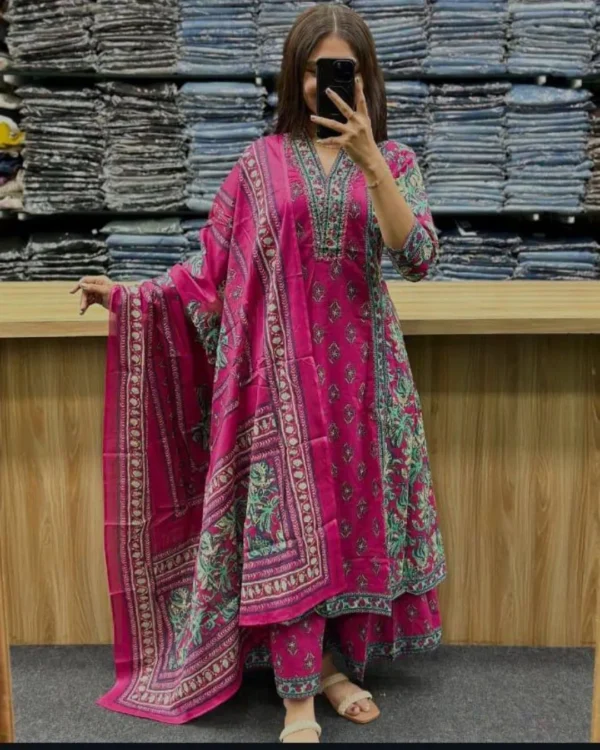 Floral Printed Cotton Anarkali Suit with Dupatta