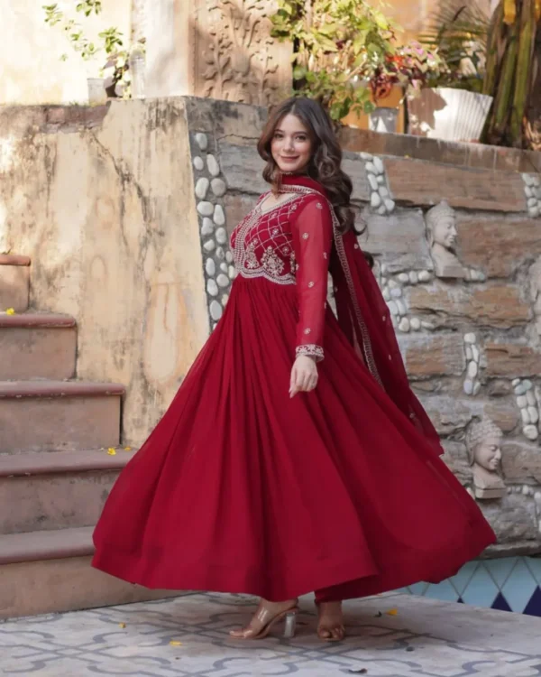 Red Party Wear Embroidered Gown Dupatta Set