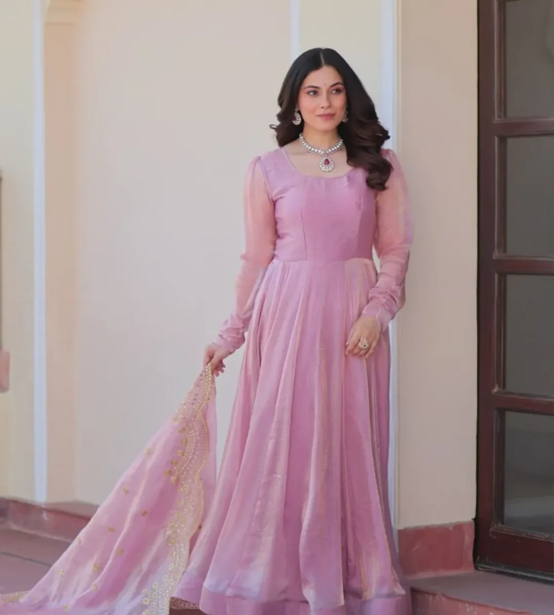Pink Chiffon Anarkali Gown With Dupatta