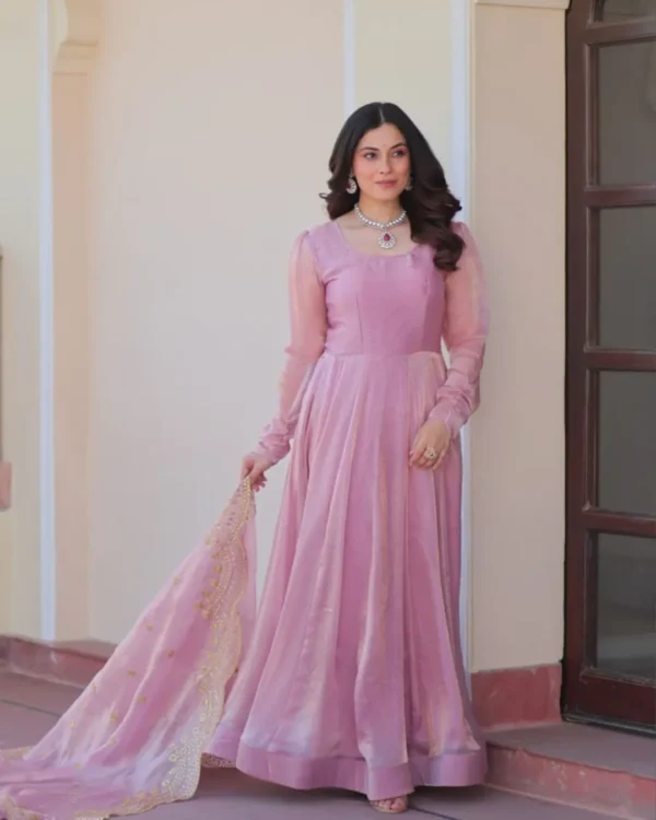 Pink Chiffon Anarkali Gown With Dupatta