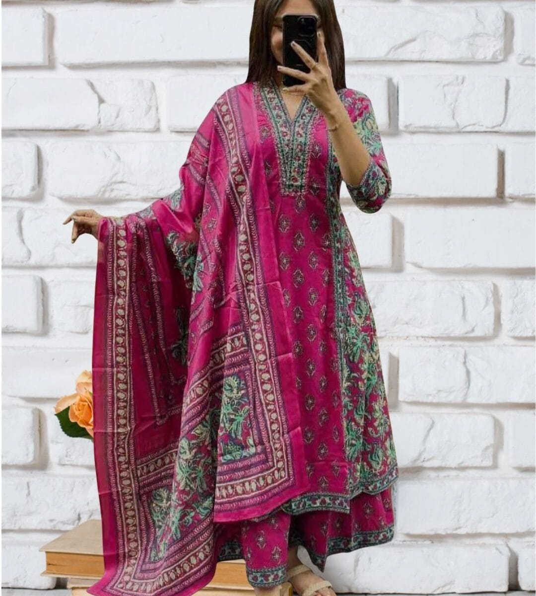 Floral Printed Cotton Anarkali Suit with Dupatta