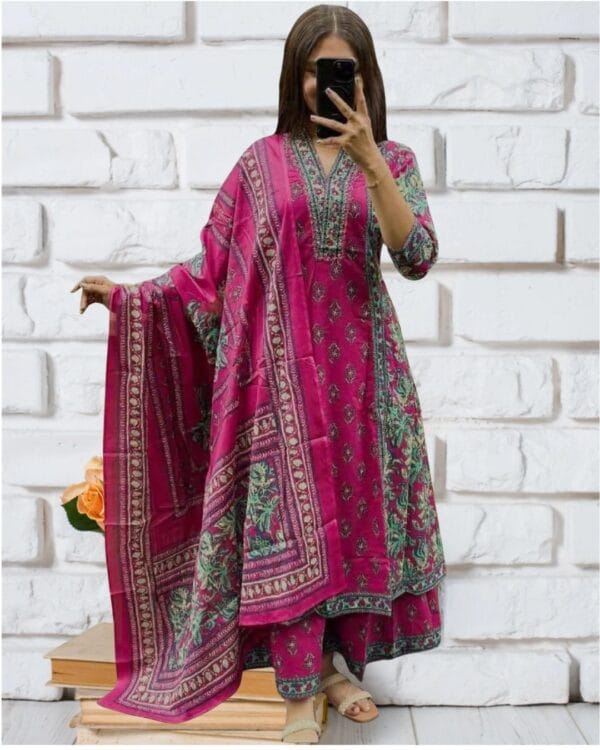 Floral Printed Cotton Anarkali Suit with Dupatta