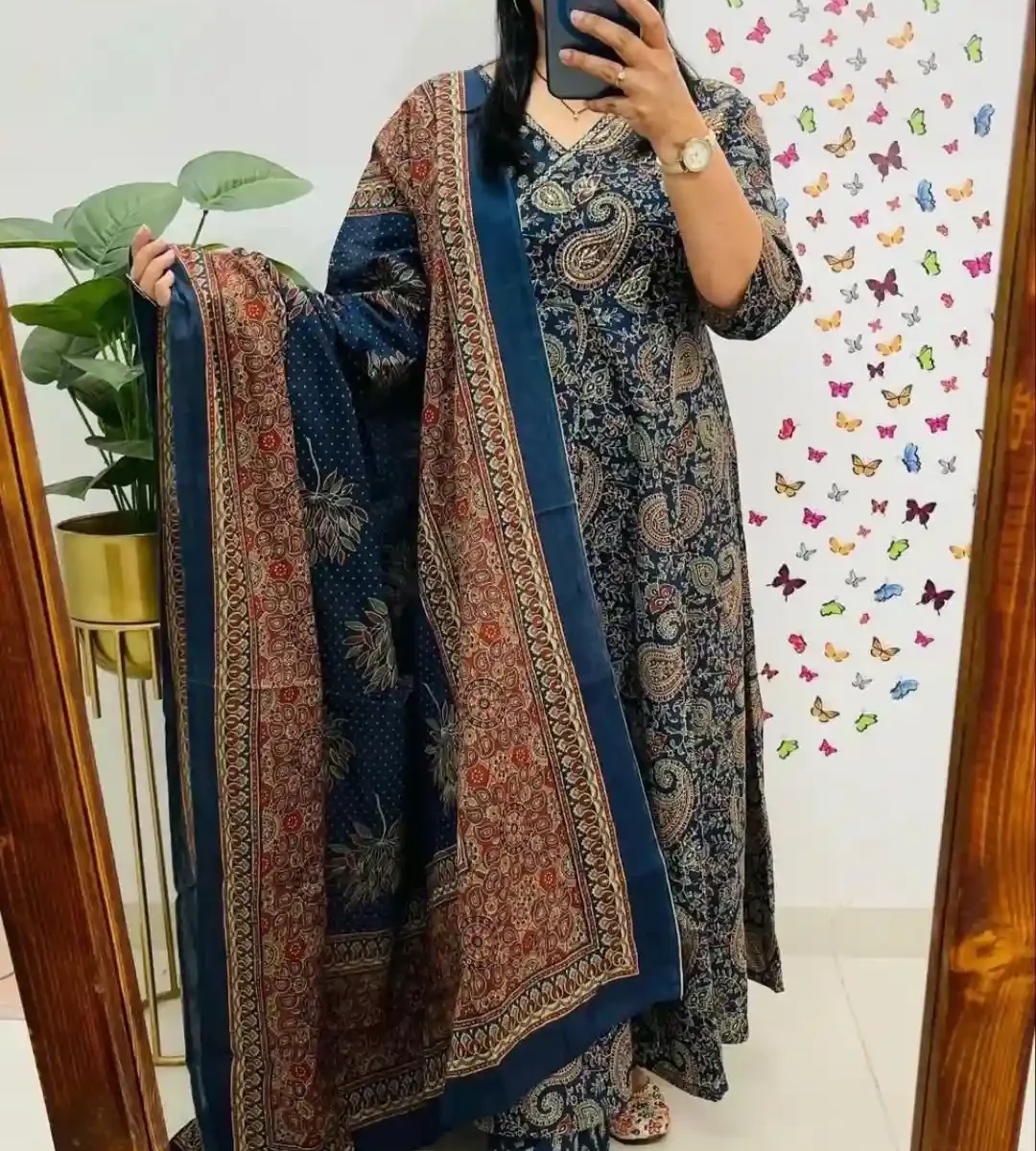 Floral Printed Cotton Anarkali Suit with Dupatta