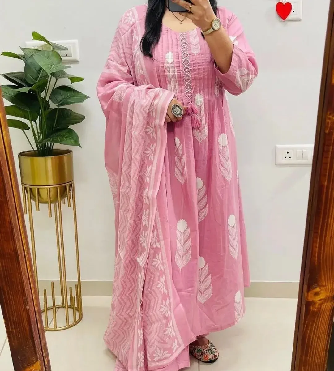 Pink Cotton Printed Suit Set