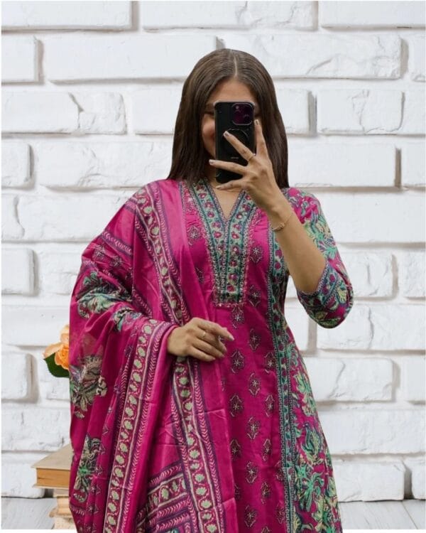 Floral Printed Cotton Anarkali Suit with Dupatta