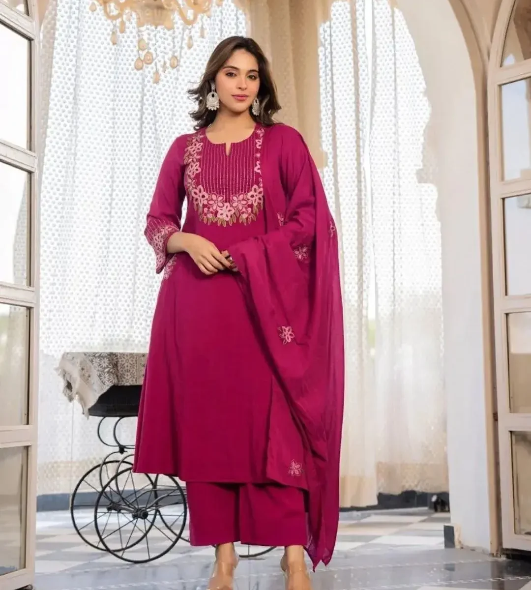 Mal Cotton Kurti Pant Dupatta Set - Pink