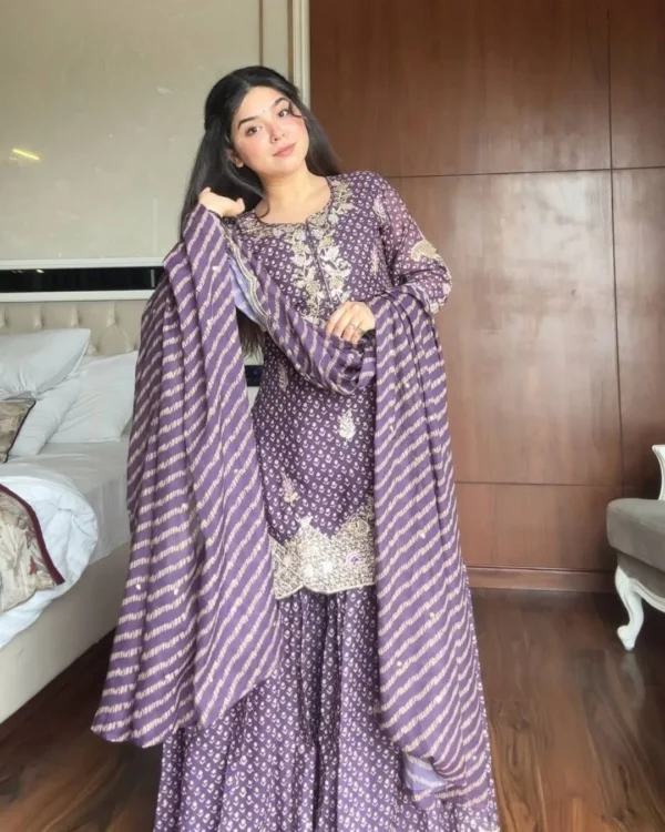 Embroidered Sharara Suit Set With Dupatta