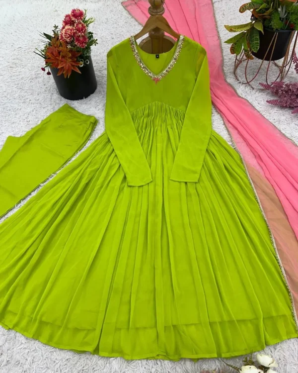 Lime Green Georgette Gown Suit Set