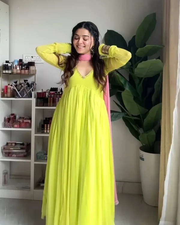 Lime Green Georgette Gown Suit Set