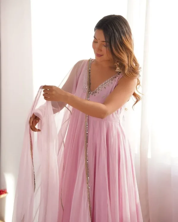 Blush Pink Mirror Work Anarkali Gown Set with Dupatta