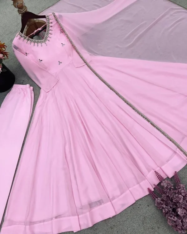 Blush Pink Mirror Work Anarkali Gown Set with Dupatta