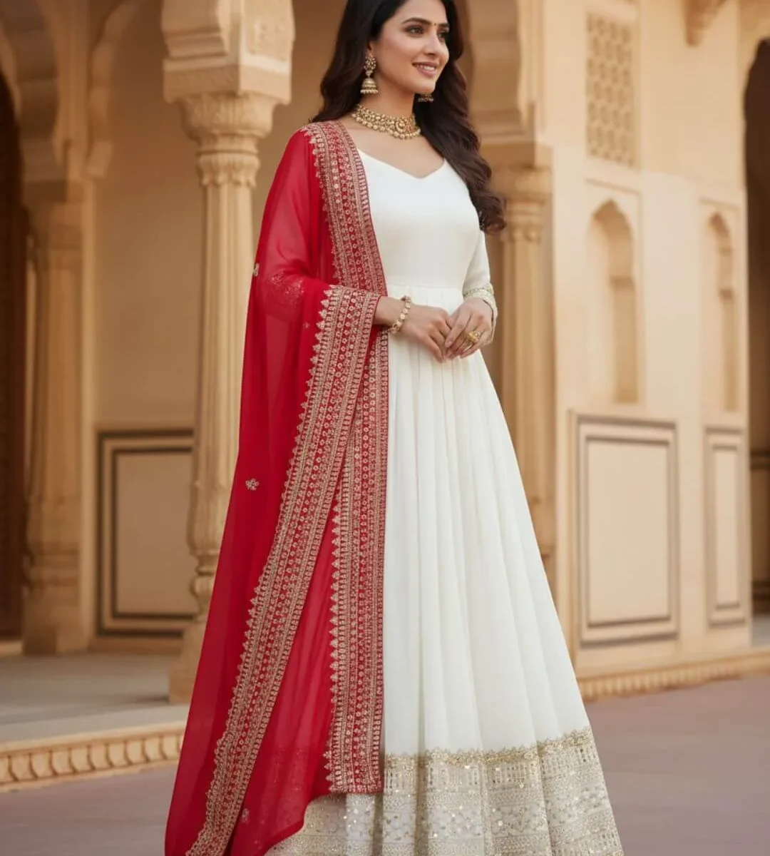 White Anarkali Dress With Red Dupatta