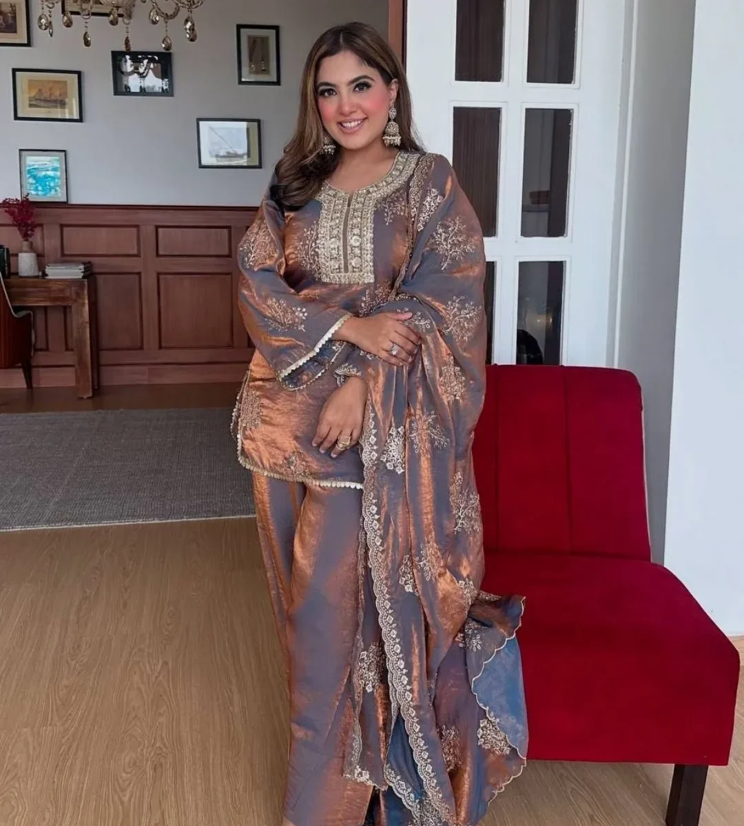 Designer Fendy Silk Embroidered Kurti Pant Dupatta Set