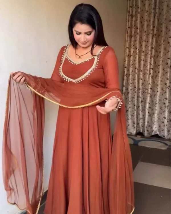 Brown Anarkali Dress Pant With Dupatta Set