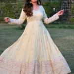 Party Wear White Anarkali Gown With Pant Dupatta