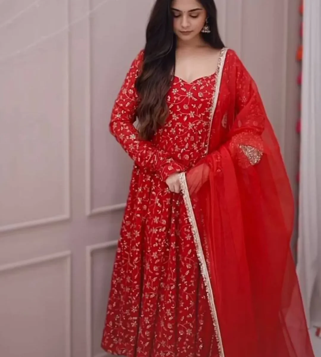 Red Anarkali Gown Party Wear Set