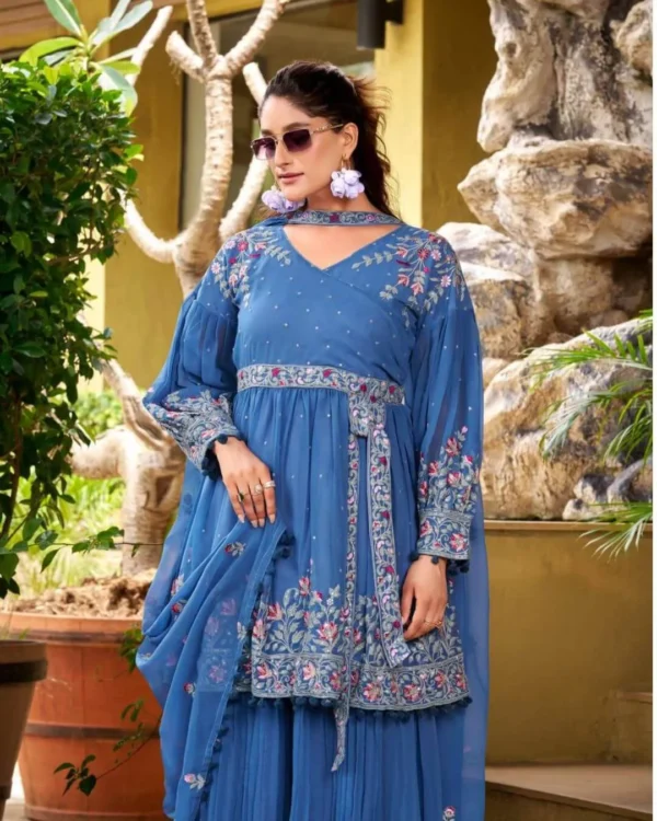Blue Georgette Floral Embroidered Palazzo Suit Set
