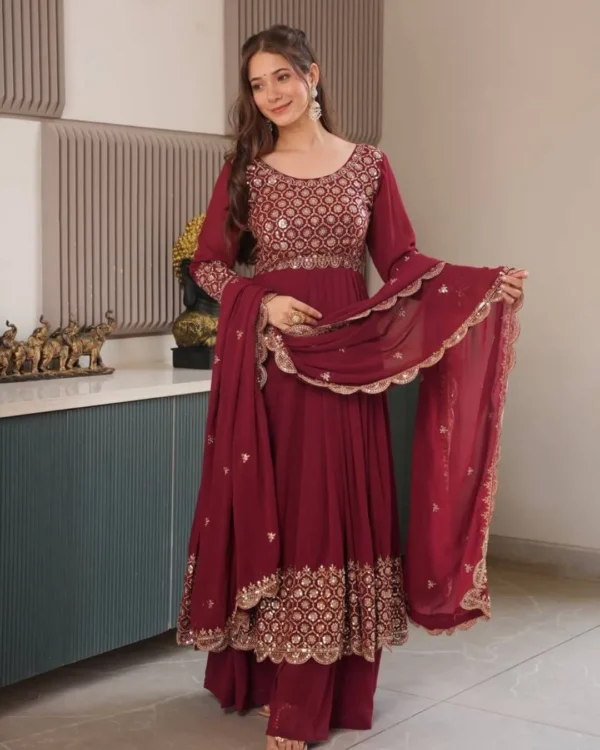 Maroon Embroidered Georgette Sharara Suit Set