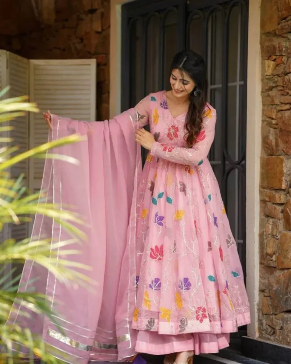 Pink Floral Embroidered Georgette Sharara Suit
