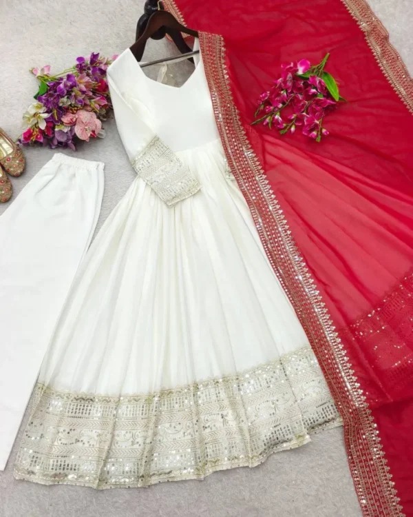 White Anarkali Dress With Red Dupatta