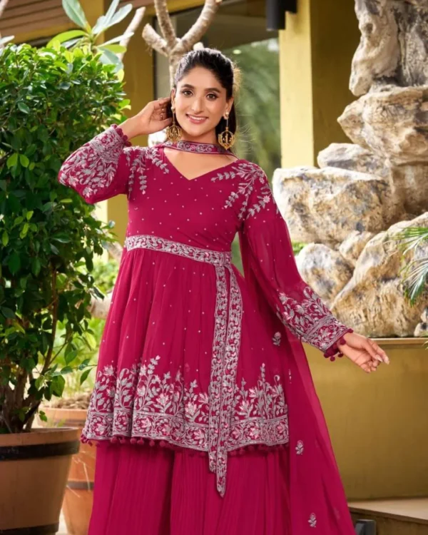 Fuchsia Embroidered Georgette Palazzo Suit Set