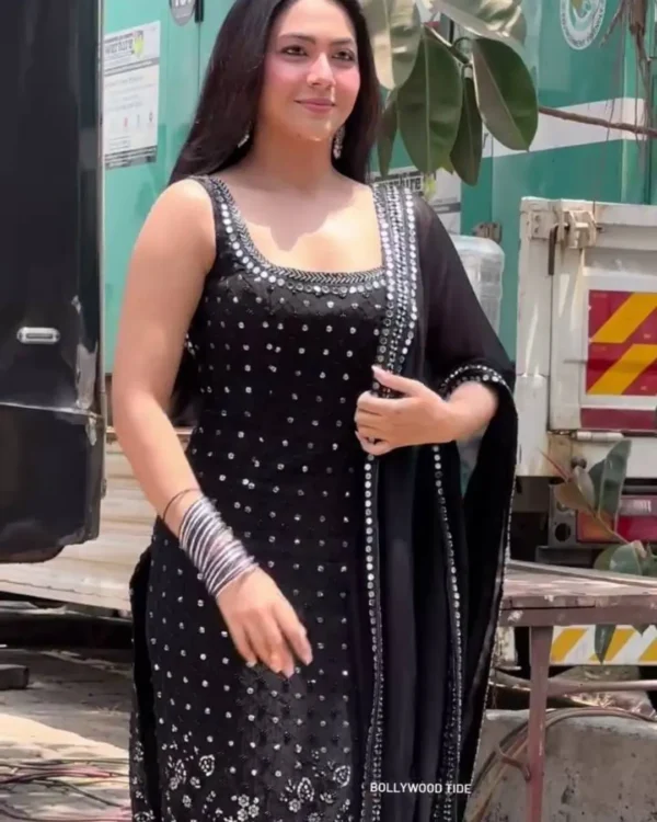 Black Faux Georgette Mirror Work Kurti Pant Set with Dupatta