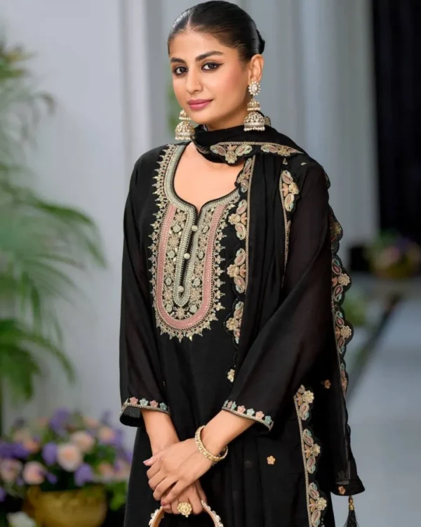 Black Embroidered Chinon Sharara Suit with Dupatta