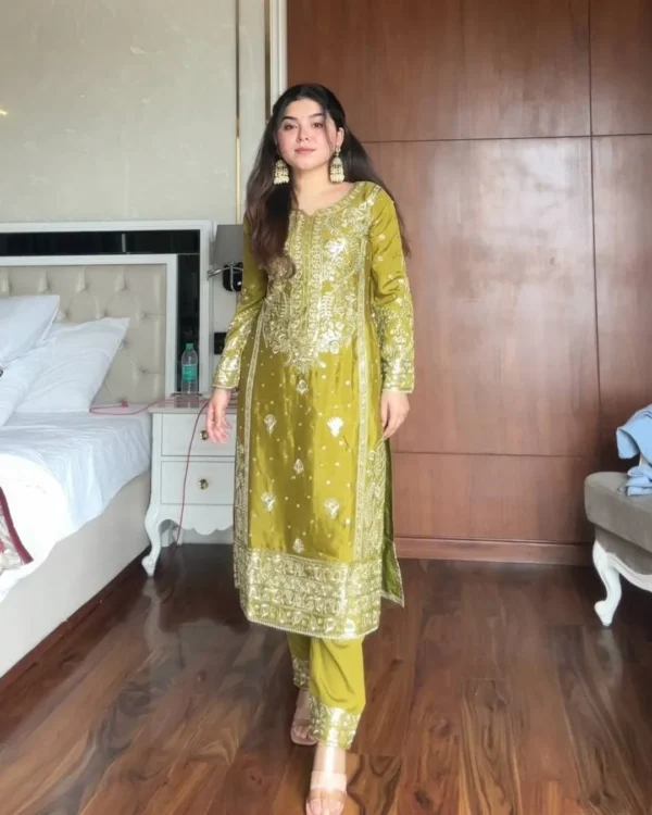 Mustard Chinon Embroidered Kurti Pant Set with Dupatta