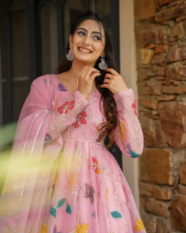 Pink Floral Embroidered Georgette Sharara Suit