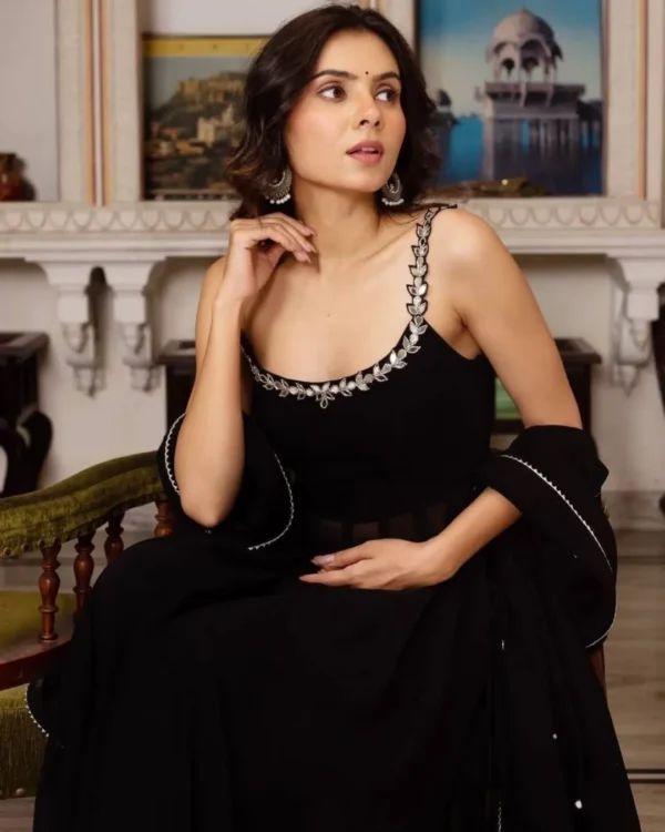 Black Georgette Mirror Work Kurti Palazzo Set with Dupatta