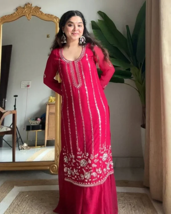 Fuchsia Embroidered Georgette Sharara Suit Set