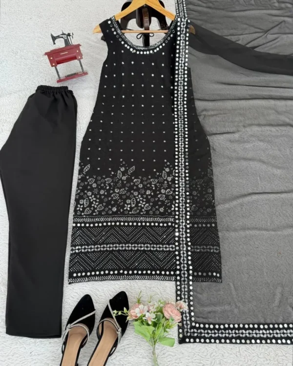 Black Faux Georgette Mirror Work Kurti Pant Set with Dupatta