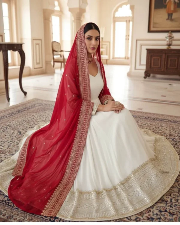 White Anarkali Dress With Red Dupatta
