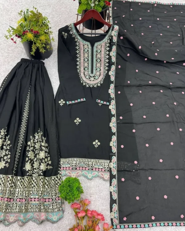 Black Embroidered Chinon Sharara Suit with Dupatta