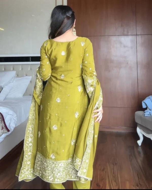 Mustard Chinon Embroidered Kurti Pant Set with Dupatta